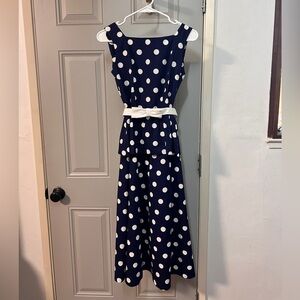 Petite Lanz - Navy Blue Polka Dot Dress with White Belt